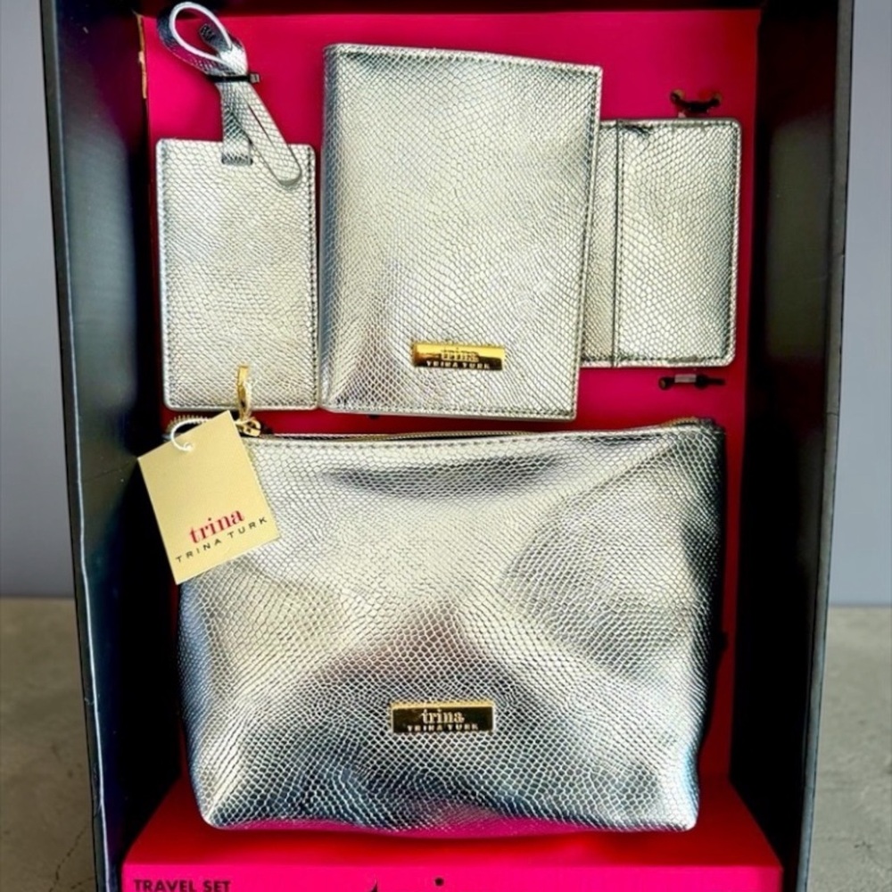 Trina Turk "Travel In Style" 4-Piece Metallic Silver Travel Set NIB